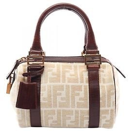 Fendi Zucca Tote Bag Leather and Cloth Brown Beige White Brown White Beige