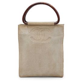Chanel Beige CC Canvas Wooden Handle Tote Beige