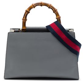 Bolso Satchel Gucci Nymphaea Small de piel de becerro gris con Bambú y Web Castaño