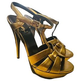 Autre Marque Saint Laurent Tribute Gold Leather Platform Sandals Golden