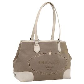 Saco Tote PRADA Canvas Jacquard Beige Silver Auth 206242A Prata Bege