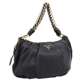 PRADA Schultertasche mit Kette aus Leder Schwarz Gold Auth 205977M Schwarz Golden