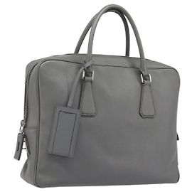 Sac business PRADA cuir Saffiano Gris Argent Auth bs37335A Marron Argenté