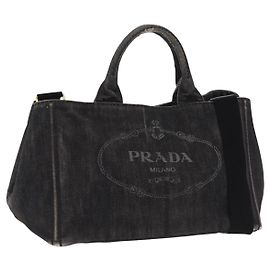 PRADA Canapa MM Hand Bag Canvas 2way Black Gold Auth ep16090 Black Golden