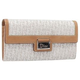 Christian Dior Trotter Canvas Long Wallet White Silver Auth bs37382V Silvery White