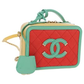 Bolsa Vanity com Corrente CHANEL CC Filigree Couro Caviar Multicolor Gold CC Auth 206403SM Multicor Dourado