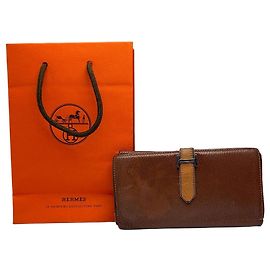 Vintage Hermès Dogon Textured Leather Bifold Wallet Brown Orange Brown