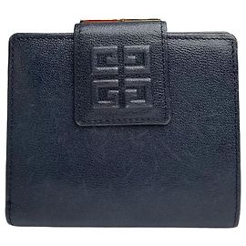 Carteira Bifold em Couro Grão Vintage Givenchy Logo 4G Final dos anos 1970 Navy Azul marinho