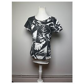 Top de algodão vintage Issey Miyake com estampa geométrica de palmeiras, final dos anos 2000, M Preto
