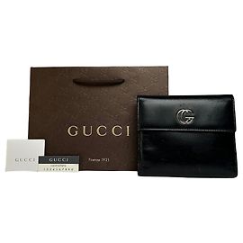 Cartera bifold Vintage Gucci de cuero principios de los 2000 Negra Plata Negro