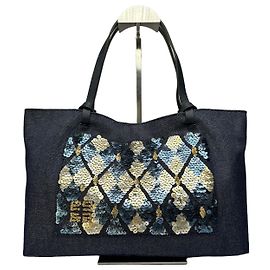 Sac cabas Vintage Givenchy en coton à sequins Fin 1990s Bleu marine foncé Bleu Marine