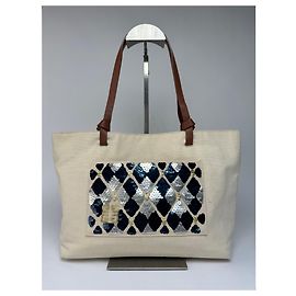 Vintage Givenchy Sequin Canvas Tote Ende 1990s Beige Navy Beige