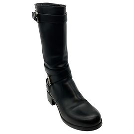 Botas Moto com Cinto em Pele Preta Prada Preto