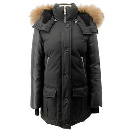Casaco Puffer Mackage Preto com Mangas de Couro e Capuz com Detalhe em Pele Preto