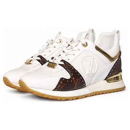 Louis Vuitton, Run away leather trainer with canvas Brown White Golden