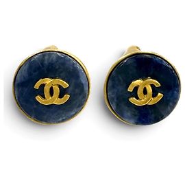 Brincos CHANEL Vintage 95A Coco Mark em mármore azul Azul Dourado