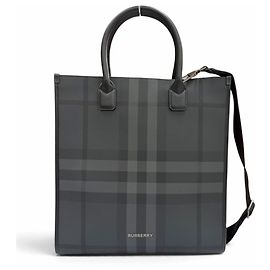 Burberry Coated Canvas Leather Check Denny Vertical Tote Bag Black