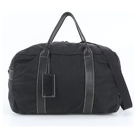 Prada Tessuto Nylon Triangle Logo Leather Boston Bag Black