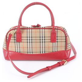 Burberry Nova Check Shadow Horse Leder 2-Way Tasche Rot Beige
