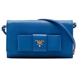 Portafoglio Prada Blue Saffiano Lux Bow Wallet On Strap Blu