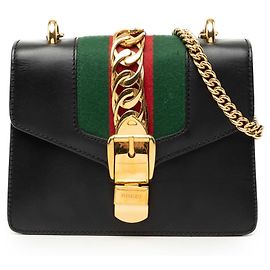 Gucci Mini Satchel aus schwarzem Kalbsleder mit Web Sylvie Kette Schwarz