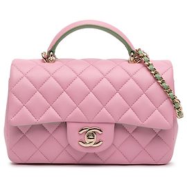Chanel Pink Mini Rectangular Bicolor Quilted Lambskin Top Handle Flap Pink