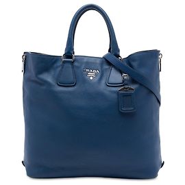 Sac cabas convertible ouvert Prada Blue Vitello Daino avec fermeture éclair latérale Bleu Bleu foncé