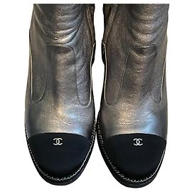Chanel Silver Metallic Leather Wedge Ankle Boots Black Silver hardware