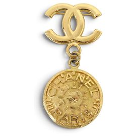 VINTAGE CHANEL MEDAILLON BROSCHE CC LOGO FRÜHLING 1996 GOLDFARBENES METALL Golden