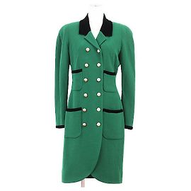 Chanel Boutique Wool Long Coat Black Green