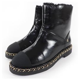 CHANEL COCO Mark Boa Leather Short Boots Black