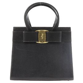 Salvatore Ferragamo Vara Ribbon Embossed Leather Handbag Black