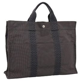 Hermès HERMES Her Line Tote MM Tote Bag Canvas Gray Silver Auth bs37333 Marrone Argento