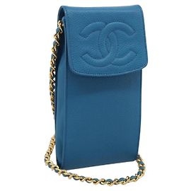 Bolsa de Ombro com Corrente CHANEL em Couro Caviar Azul com Detalhes Dourados CC Auth mr2946V Azul Outro
