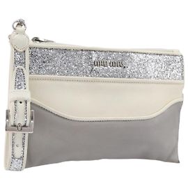 Miu Miu Pouch Leather Gray Silver Auth bs37264 Braun Silber