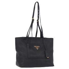 PRADA Tote Bag Vittero Dino Leather Black Gold Auth 203881V Black Golden