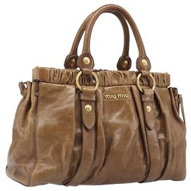Miu Miu Hand Bag Vitellolux Brown Gold Auth 206002V Brown Golden