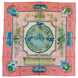 Hermès Le Géographe Lenço Seda Damascena 90cm Rosa Branco Azul Bege Verde