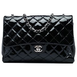 Chanel Black Large CC Quilted Patent Double Compartment Flap Schwarz