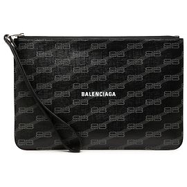 Balenciaga Black BB Monogram Coated Canvas Wristlet Clutch Black