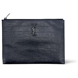 Autre Marque Saint Laurent Classic Monogram Zip Crocodile Embossed Leather Medium Black