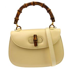 Gucci Vintage Bamboo Top Handle Leather Medium Beige