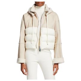 Moncler Leder- und Daunenjacke mit Kapuze Weiß Beige