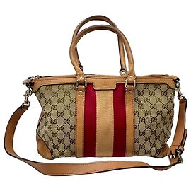 Gucci Monogram Canvas Stripe Boston Bag Brown Red Beige