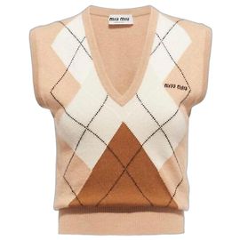 Miu Miu Argyle Strickweste aus Kaschmir Braun Weiß Beige