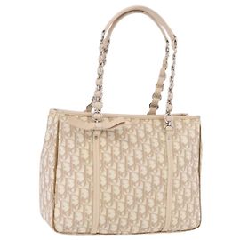 Christian Dior Trotter Canvas Chain Tote Bag PVC Ivory Silver Auth 206261A Silvery Cream