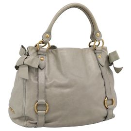 Miu Miu Tote Bag Vitellolux Gray Gold Auth 206009V Brown Golden