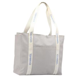 Borsa Tote Sport CHANEL Nylon Grigio Argento CC Auth bs37193 Marrone Argento
