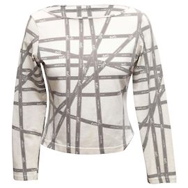 Hermès Top de manga larga vintage Hermes con estampado de cinta Bolduc blanco y gris, talla US S Blanco