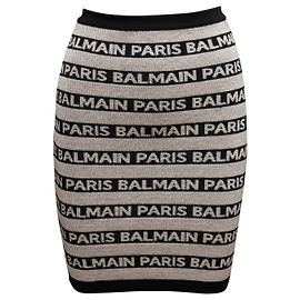 Black & Tan Balmain Spellout Knit Bodycon Skirt Size FR 34 Black